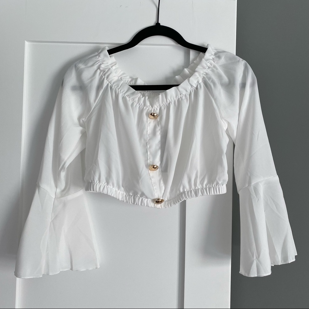 Romwe Frill Trim Fluted Sleeve Bardot Top White